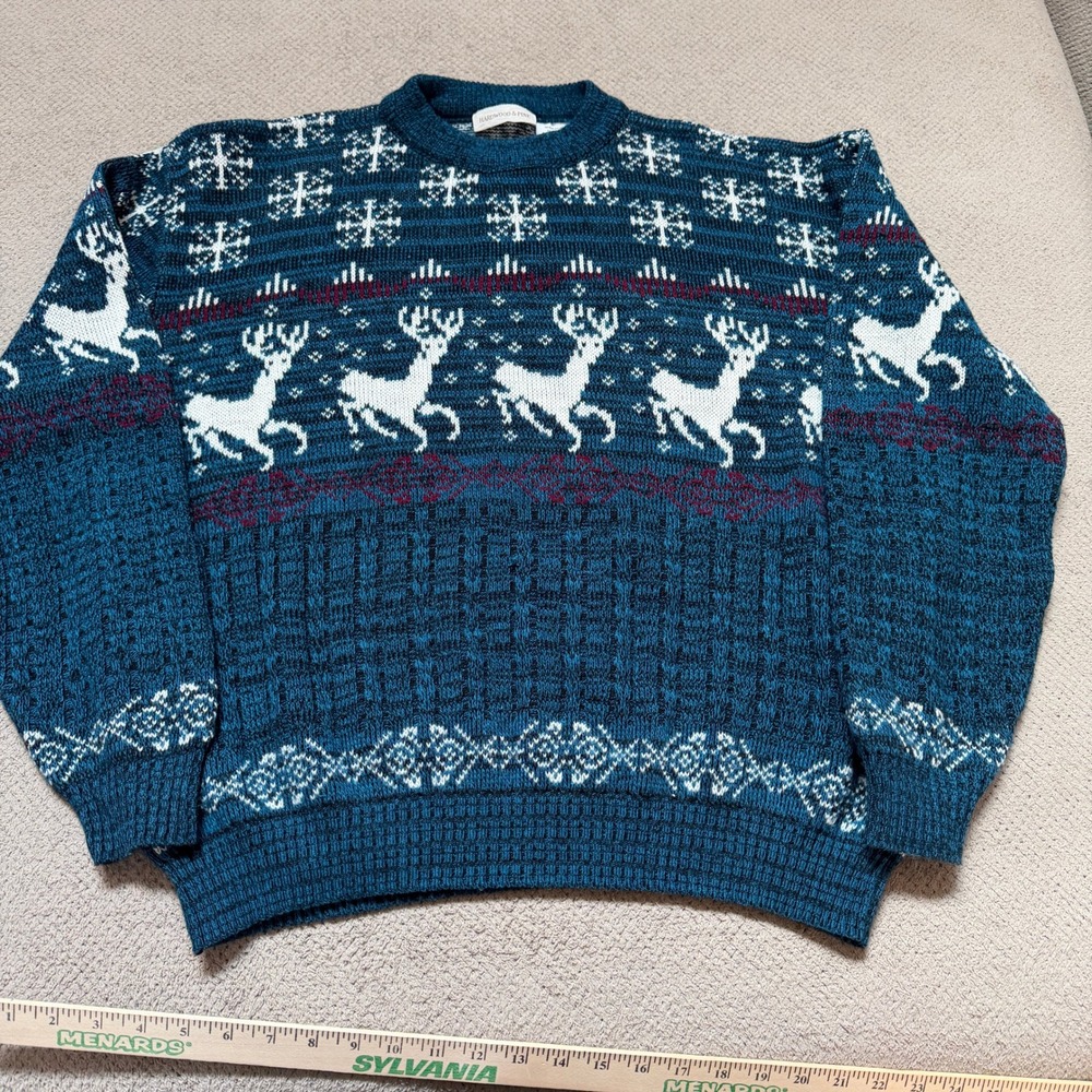 Vintage 1990s Hardwood & Pine Reindeer Snowflake Knit‎ Sweater XL Blue